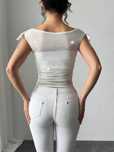 Glitter Stars Sheer Mesh White Top for Women