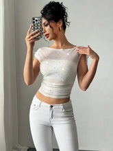 Glitter Stars Sheer Mesh White Top for Women Woman T Shirts