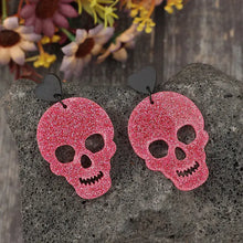 Glittery pink acrylic skeleton skull heart earrings with black zinc alloy studs