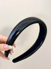 Glossy black leather wide headband with padded puffy design for women