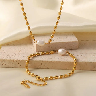 Gold Beaded Necklace and Bracelet Set with Pearl Accent Gold One Size