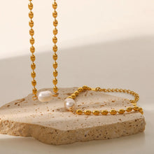 Gold Beaded Necklace and Bracelet Set with Pearl Accent