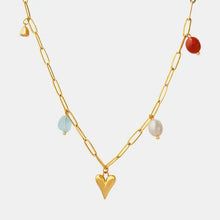 Gold heart pendant necklace with natural stone charms on titanium steel chain