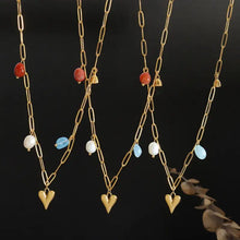 Gold chain length necklace with titanium steel heart and natural stone pendants