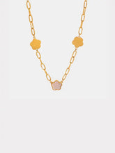 Gold chain necklace with pink and gold flower charms, mother-of-pearl inlay