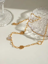 Gold chain link bracelet with heart pendants, pink stone, mother-of-pearl inlay