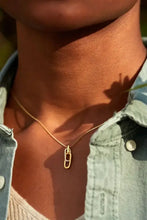 Gold chain necklace with paperclip pendant in multiple chain lengths