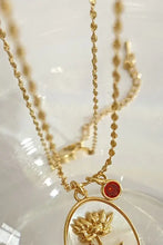 Gold lotus flower shell pendant copper necklace with red gemstone