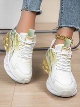 Gold Flame Pattern Sneakers for Women with Green Accents