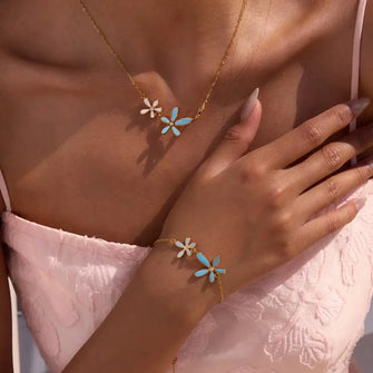 Gold Flower Necklace and Bracelet Set with Extension Chain Length Gold One Size Fashion Jewelry