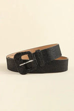 Black glitter PU leather belt with silver rectangular buckle