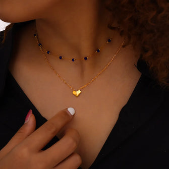Gold Layered Necklace with Blue Beads Titanium Steel Heart Pendant Gold One Size