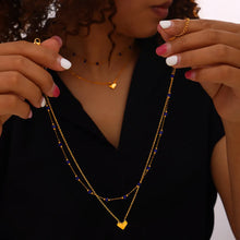 Gold Layered Necklace with Blue Beads Titanium Steel Heart Pendant