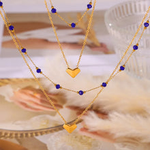 Gold Layered Necklace with Blue Beads Titanium Steel Heart Pendant