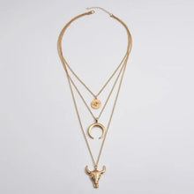 Gold Layered Necklace with Bull Moon and Coin Pendants Fashion Jewelry