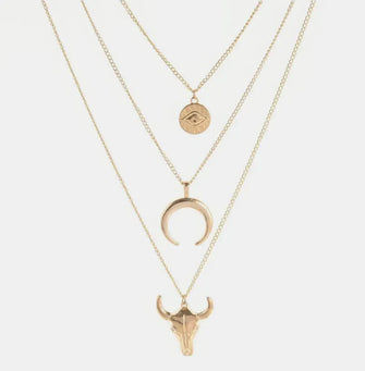 Gold Layered Necklace with Bull Moon and Coin Pendants Gold One Size