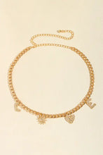 Gold love alloy belt with LOVE letter, sun, and heart charms