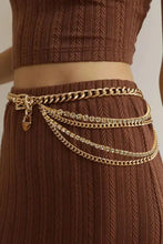 Gold metal chain belt with rhinestone decor and padlock charm