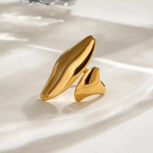 Gold-plated stainless steel abstract double leaf ring with glossy gold lips
