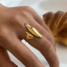 Gold-plated stainless steel abstract double leaf ring with open cuff design