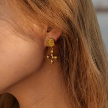 Gold-plated stainless steel cross shape earrings with textured square stud and dangling cross pendant
