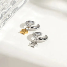 Pair of 18k gold-plated stainless steel star clip ear cuffs with silver and gold charms
