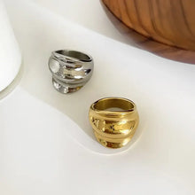 Gold-plated stainless steel wide band wrinkled ring with sculptural texture