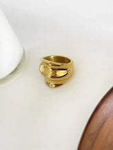 Gold-plated stainless steel wide band wrinkled ring with gemstone accent
