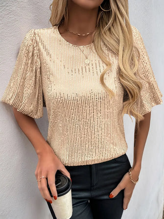 Gold Sequin Short Sleeve Blouse with Puffed Sleeves Gold