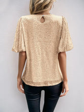Gold Sequin Short Sleeve Blouse with Puffed Sleeves