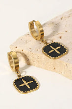 Gold shape drop earrings with black enamel plus sign square pendants