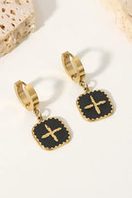 Gold shape drop earrings with black enamel plus sign square pendants