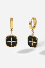 Gold shape drop earrings with black enamel plus sign square pendants