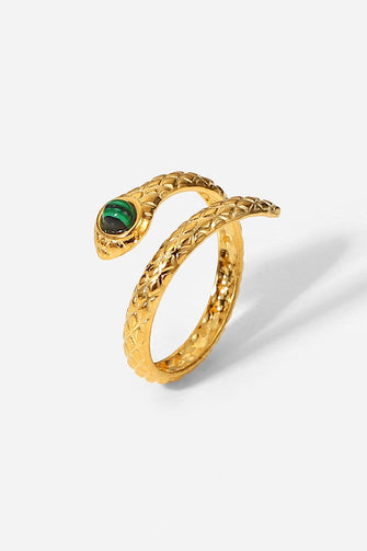 Gold Snake Bypass Ring with Malachite Stone Gold One Size