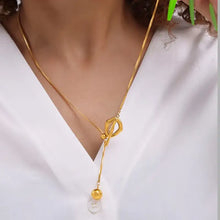 Gold snake chain stainless steel bead necklace with bow and pearl pendant