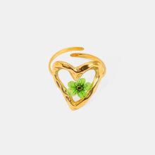 Gold stainless steel eternal flower ring with green heart-shaped pressed flower