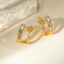 Golden stainless steel zircon star hoop earrings with ear cuffs