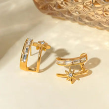 Gold stainless steel zircon star hoop earrings with clear gemstones