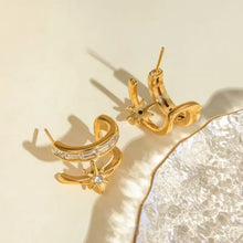 Gold stainless steel zircon star hoop earrings with baguette accents
