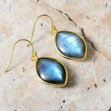 Gold stone teardrop earrings with marquise labradorite gemstones