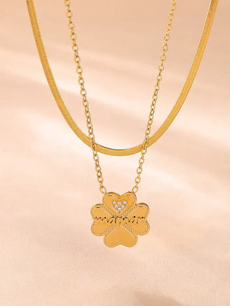 Gold Toned Clover Layered Necklace Titanium Steel 18K Plated Chain Length Gold One Size
