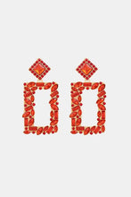 Gold-toned square shape glass stone dangle earrings with colorful rhinestones