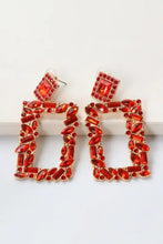 Red and gold square shape glass stone dangle earrings with rhinestones
