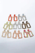Gold-toned square shape glass stone dangle earrings with colorful rhinestones