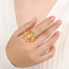 Gold-toned titanium steel glass bead ring with colorful gemstones