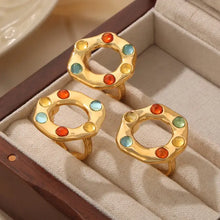 Gold-toned titanium steel glass bead ring with colorful gemstones in box