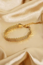 Gold wide chain bracelet with adjustable mesh, multiple clasp options, and chain length