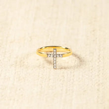 Elegant sterling silver zircon cross ring with gold and diamond accents