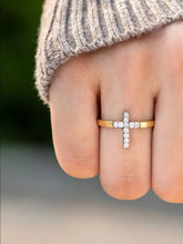 Elegant sterling silver zircon cross ring with gold and diamond accents