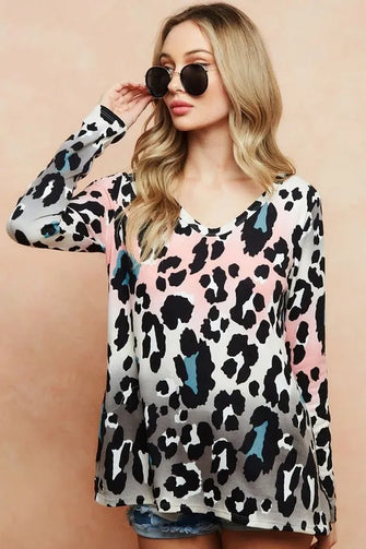 Gradation Leopard Print Soft Knit U Neck Long Sleeve Top BLUSH CHARCOAL